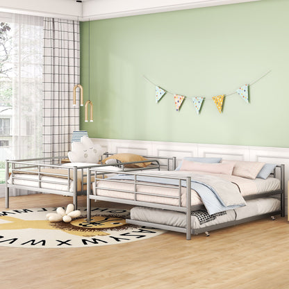 Full Long Over Queen Metal Bunk Bed With Trundle - Silver