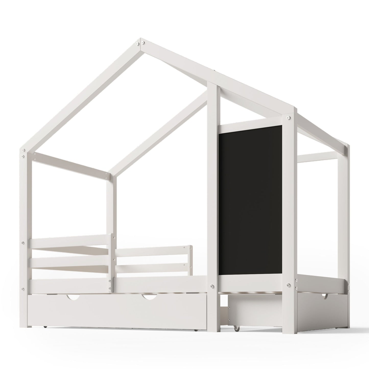 Twin House Bed With Blackboard And Drawers, 2 Assembly Options - White