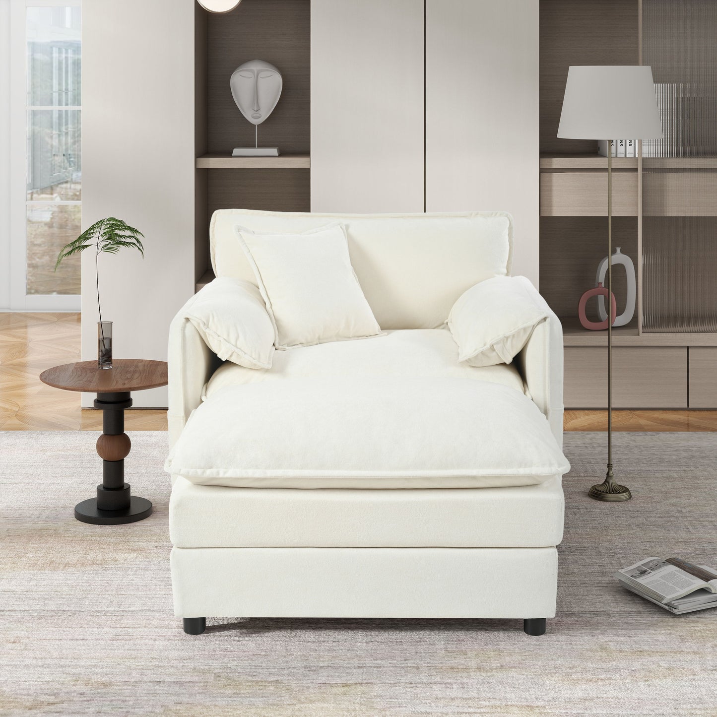 Oversized Recliner Chair With Movable Ottoman, Soft Chenille Upholstered Lounge Chair - Beige