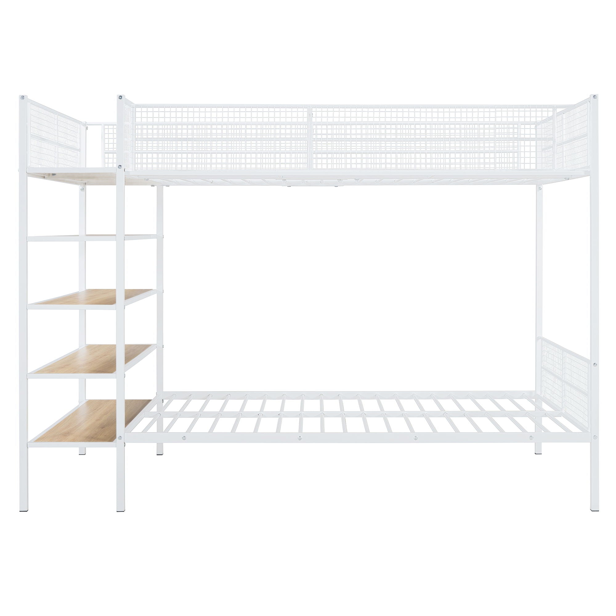 Twin Over Full Bunk Bed With 5 Tier Shelves - White