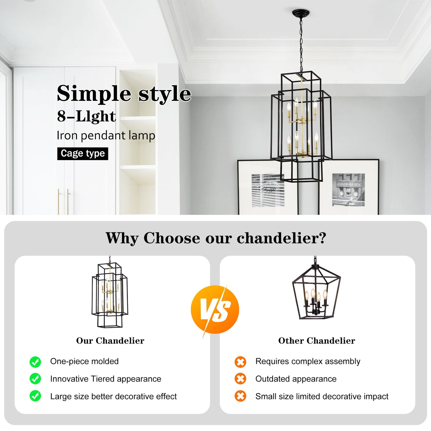 8 Light Metal Lantern Tiered Pendant Hanging Light Fixtures, Industrial Farmhouse Adjustable Height Chandeliers For Dining Room Hallway Foyer Entryway (E12 Bulbs Not Included) - Matte Black / Gold