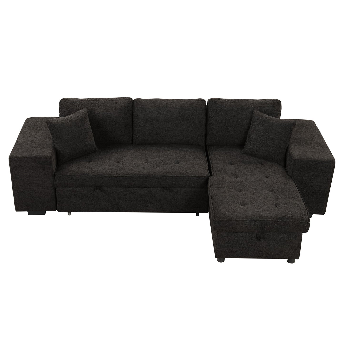 Modern L-Shape 3 Seat Reversible Sectional Couch, Pull Out Sleeper Sofa With Storage Chaise And 2 Stools For Living Room Furniture Set - Charcoal Gray