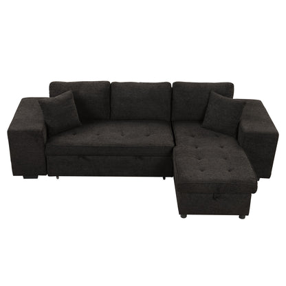 Modern L-Shape 3 Seat Reversible Sectional Couch, Pull Out Sleeper Sofa With Storage Chaise And 2 Stools For Living Room Furniture Set - Charcoal Gray