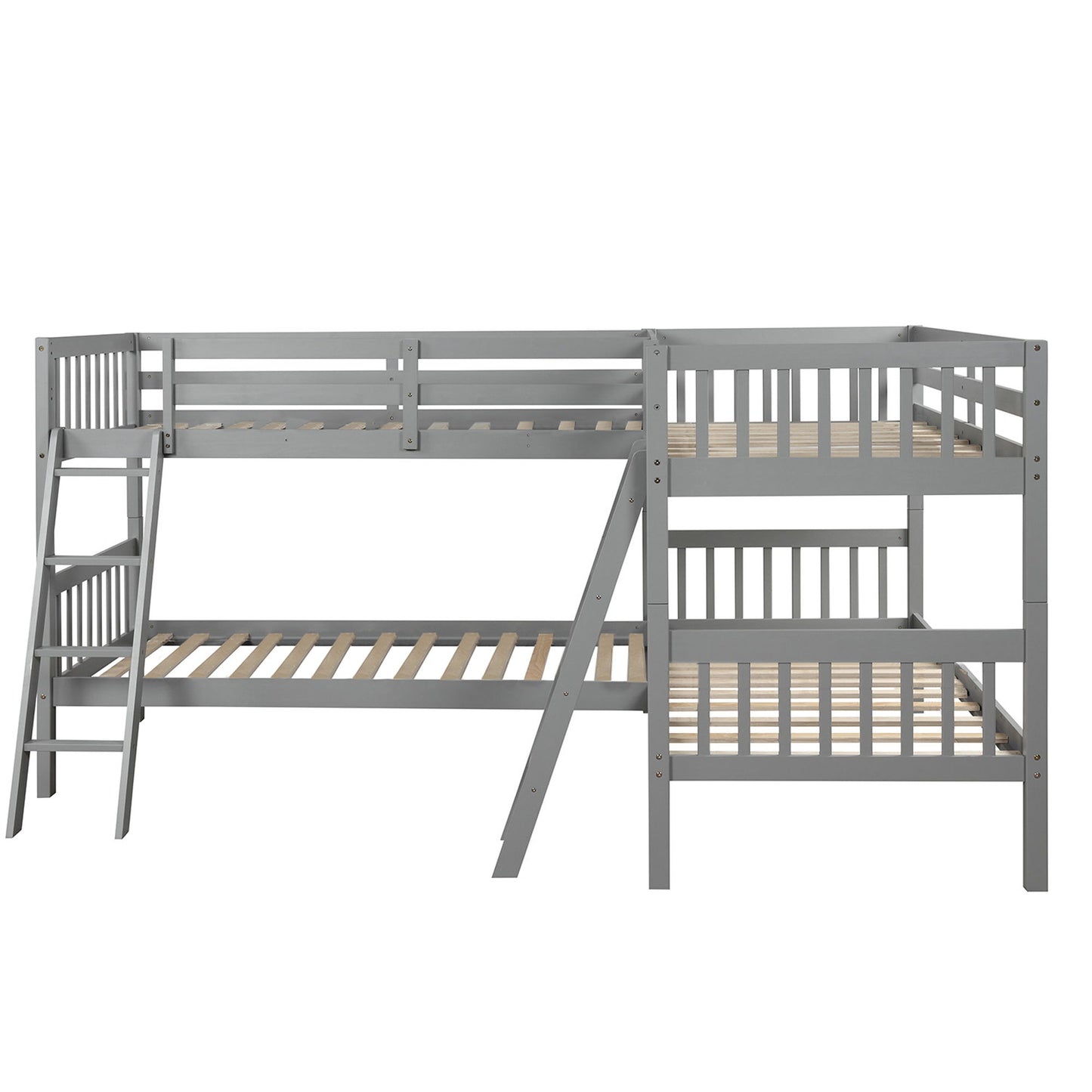 Twin Size L Shaped Bunk Bed With Ladder - Gray