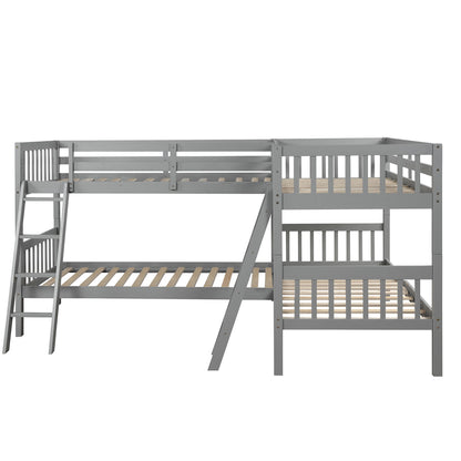 Twin Size L Shaped Bunk Bed With Ladder - Gray