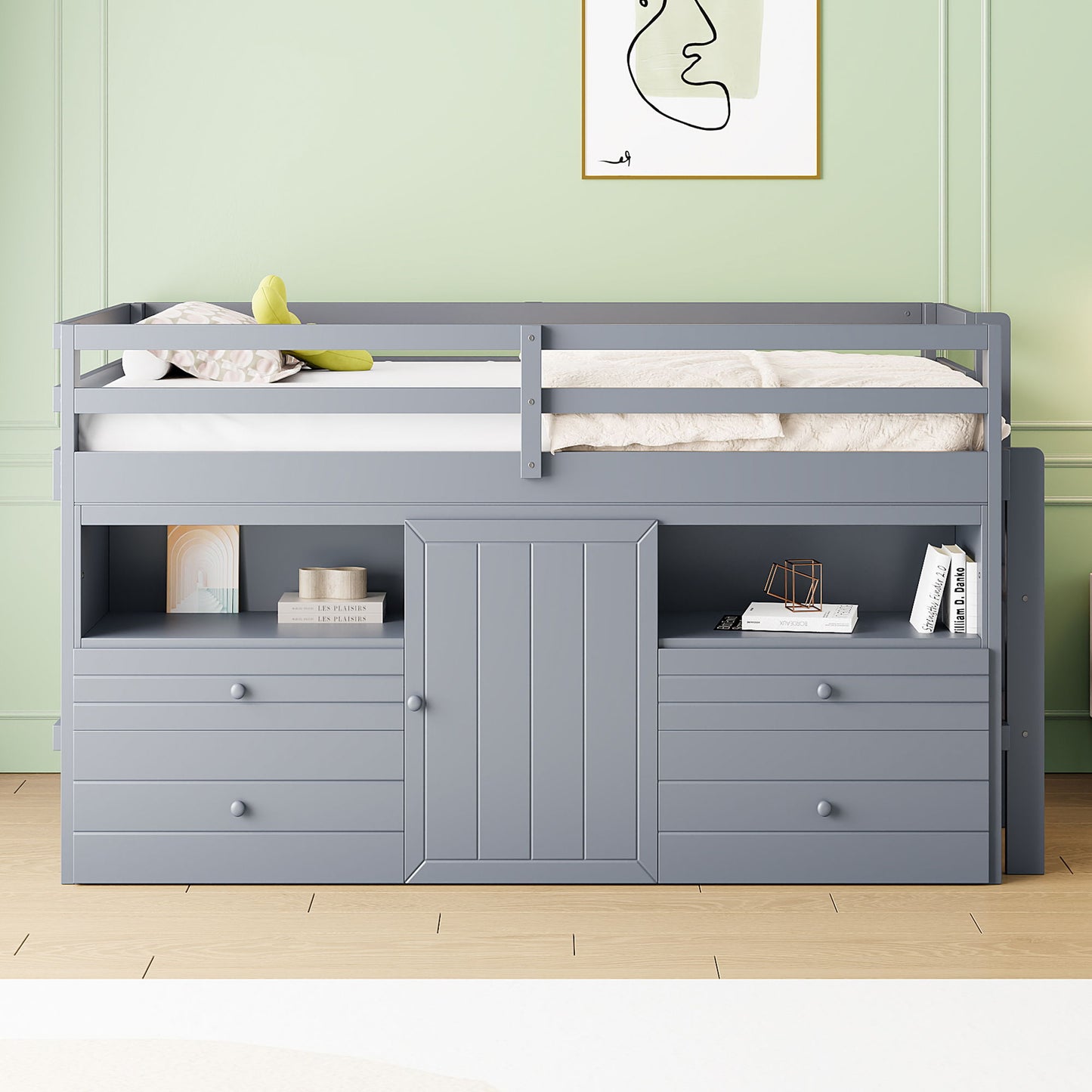 Twin Size Loft Bed With 4 Drawers, Underneath Cabinet And Shelves - Gray