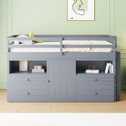 Twin Size Loft Bed With 4 Drawers, Underneath Cabinet And Shelves - Gray