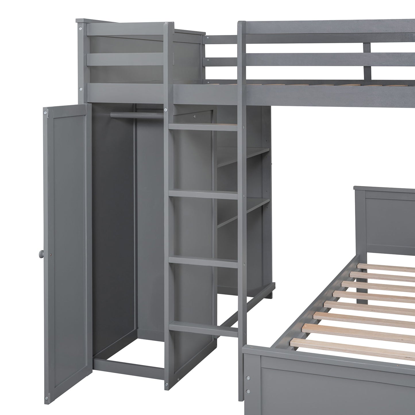 Full Size Loft Bed With A Twin Size Standalone Bed, Shelves, Desk, And Wardrobe - Gray