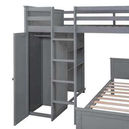 Full Size Loft Bed With A Twin Size Standalone Bed, Shelves, Desk, And Wardrobe - Gray