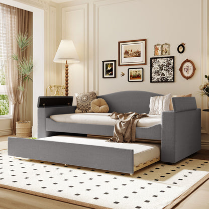 Twin Size Upholstered Daybed With Storage Armrests, Trundle And Latest Integrated Bluetooth Audio System - Gray