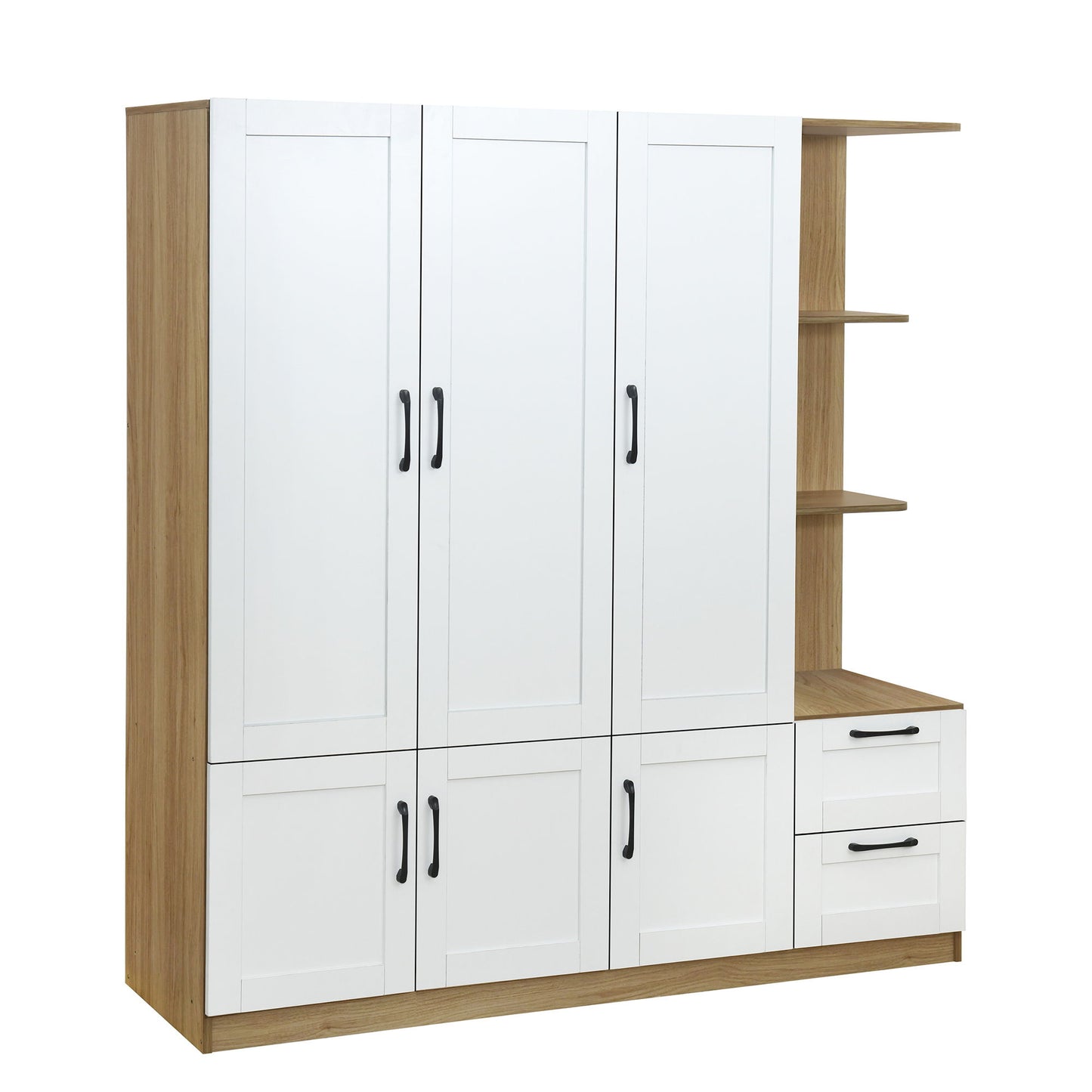 3 Door Storage Wardrobe For Dedroom With Shelves And 2 Drawers, Side Storage Shelves - White