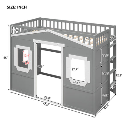 Twin Size House Loft Bed With Ladder - Gray / White
