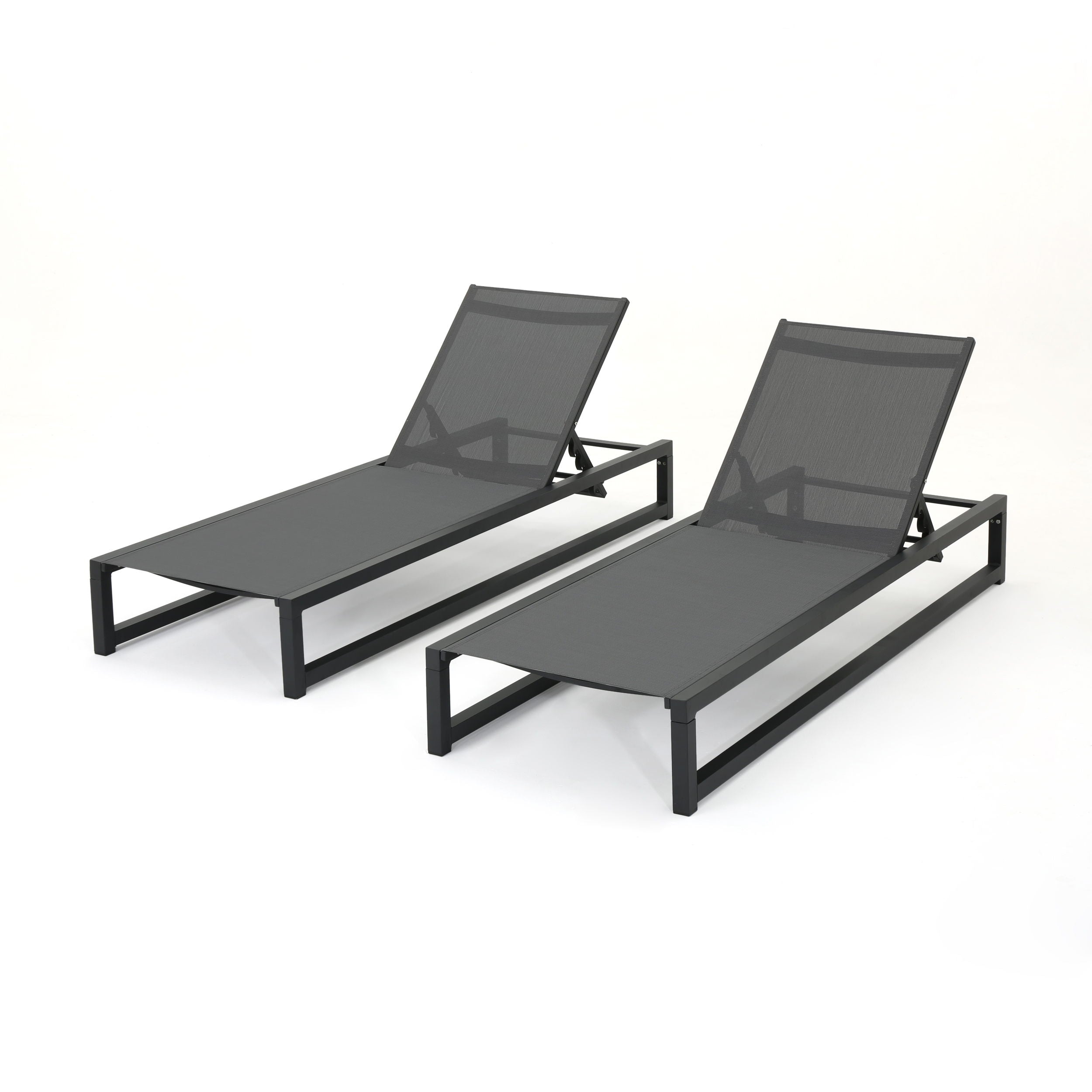 Chaise Lounge (Set of 2), Outdoor Patio Lounge Chairs With 5 Reclining Positions - Black / Gray