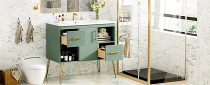 Bathroom Vanity With Resin Sink Combo Set, Modern Freestanding Single Bathroom Cabinet With 2 Drawers & 2 Storage Compartments, Storage Cabinet For Bathroom, Frame Vanity Set - Green