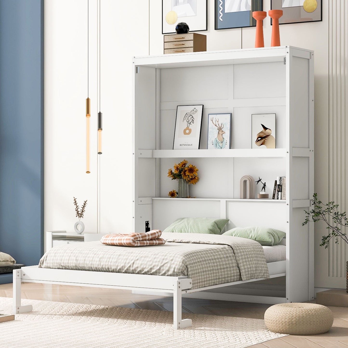 Full Size Murphy Classic Wall Bed With Shelves - White