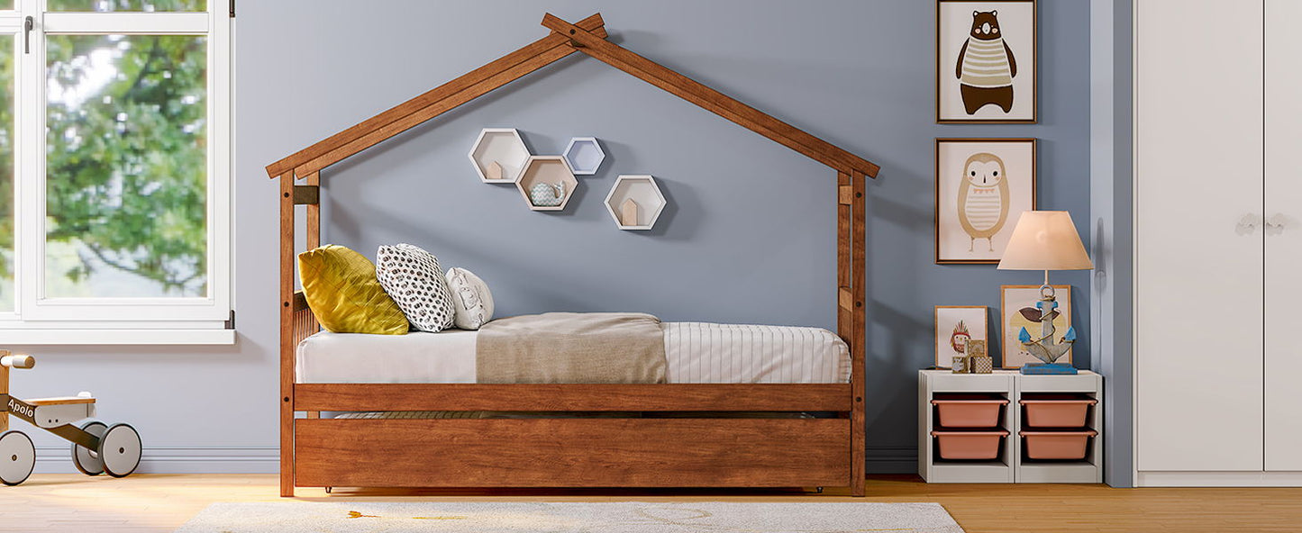 Twin Size House Bed With Twin Size Trundle - Walnut