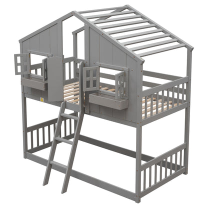 Twin Over Twin House Bunk Bed With Roof, Window, Window Box, Door, With Safety Guardrails And Ladder - Gray