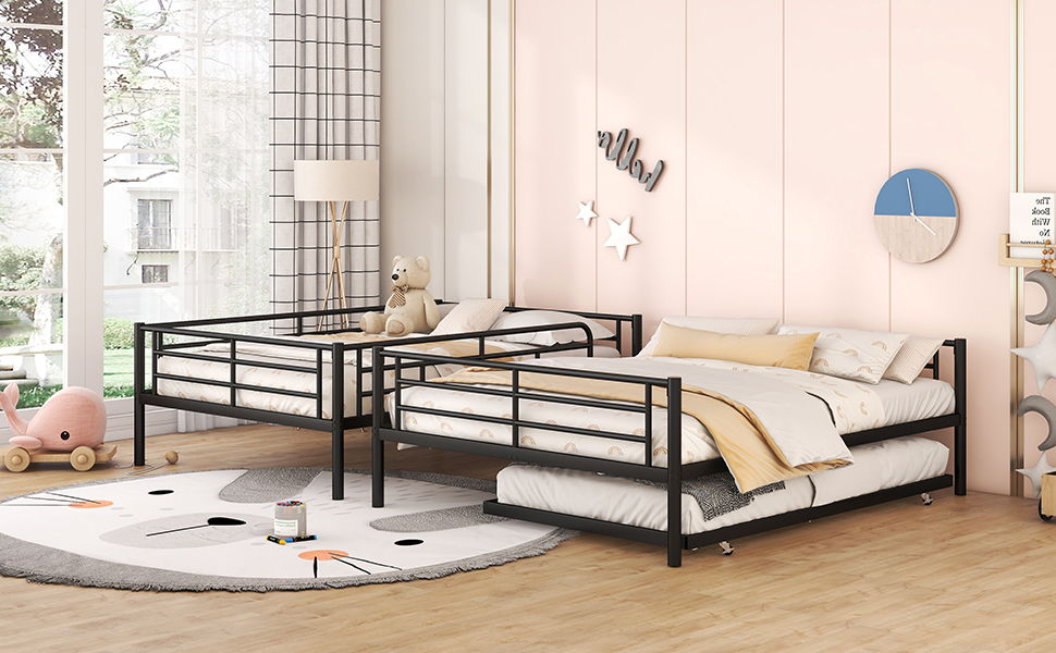 Full Long Over Queen Metal Bunk Bed With Trundle - Black