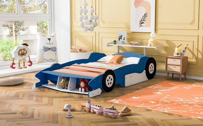Full Size Race Car Shaped Platform Bed With Wheels - Blue