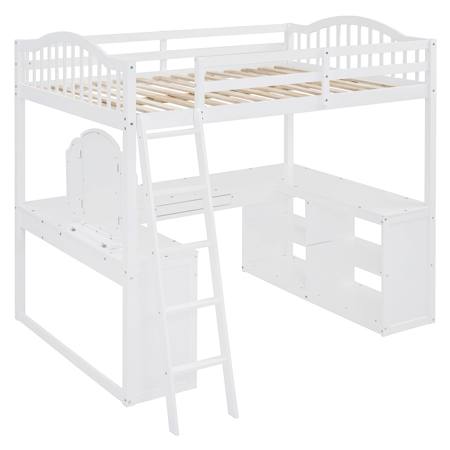 Full Loft Bed With U Shaped Desk, Storage Compartments And Tri Fold Mirror - White