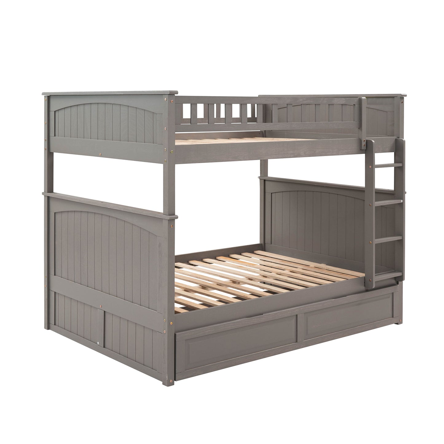 Full Over Full Bunk Bed With Twin Size Trundle, Guardrails - Brushed Gray