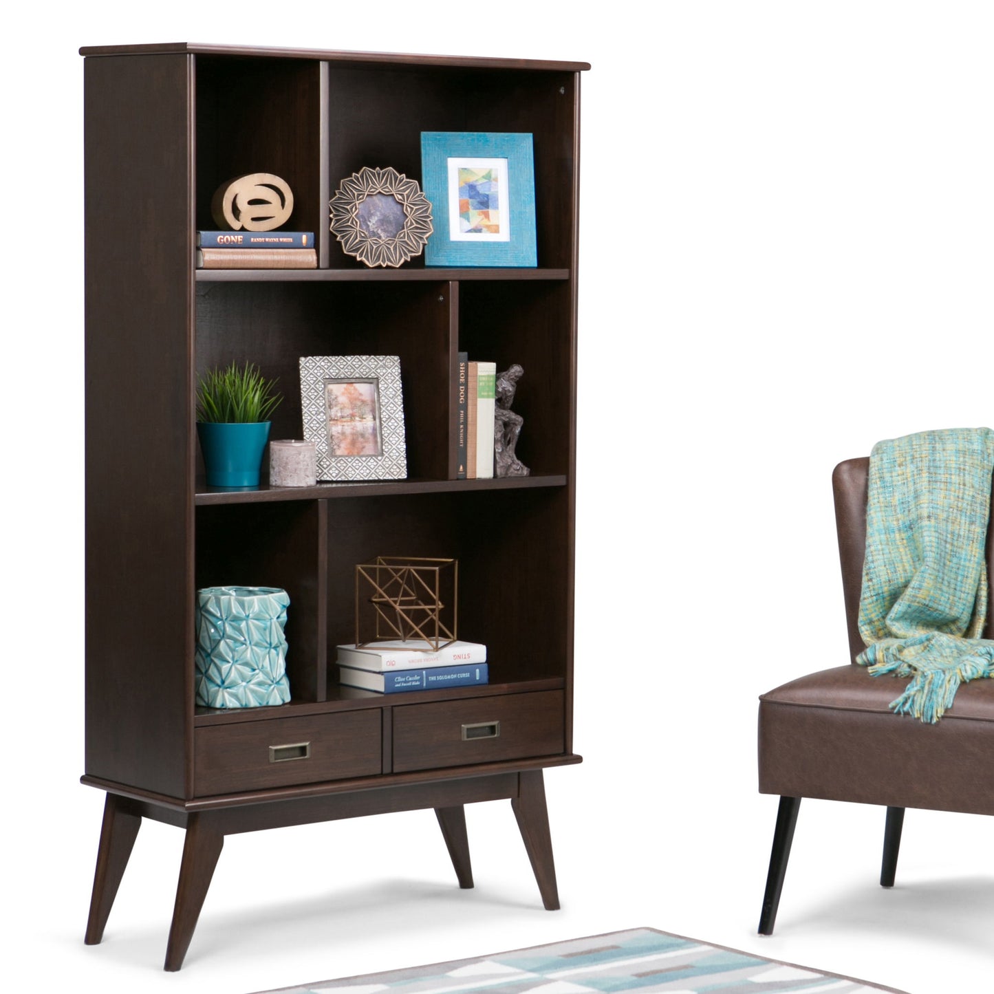 Draper - Mid Century Wide Bookcase And Storage Unit - Medium Auburn Brown