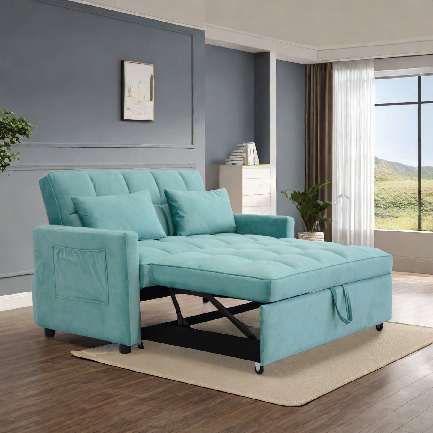 Velvet Two Seater Pull Out Sofa Bed, Adjustable Backrest With Three USB Ports, Two Side Pockets, 3 In 1 Convertible Sleeper Sofa Bed, Modern Love Seat Lounge Sofa For Living Room - Light Blue