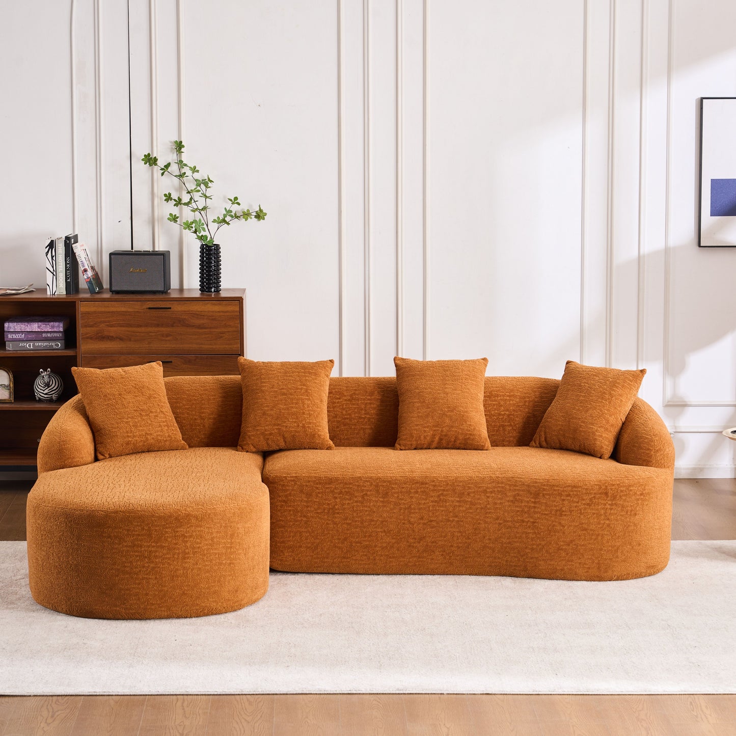 Compression Sofa: Combining Chaise Longue With 3 Seater, Wood Grain Chenille Fabric, Full Sponge Compression Sofa, Combined Sofa With 4 Pillows For Living / Home Furniture / Apartment - Orange