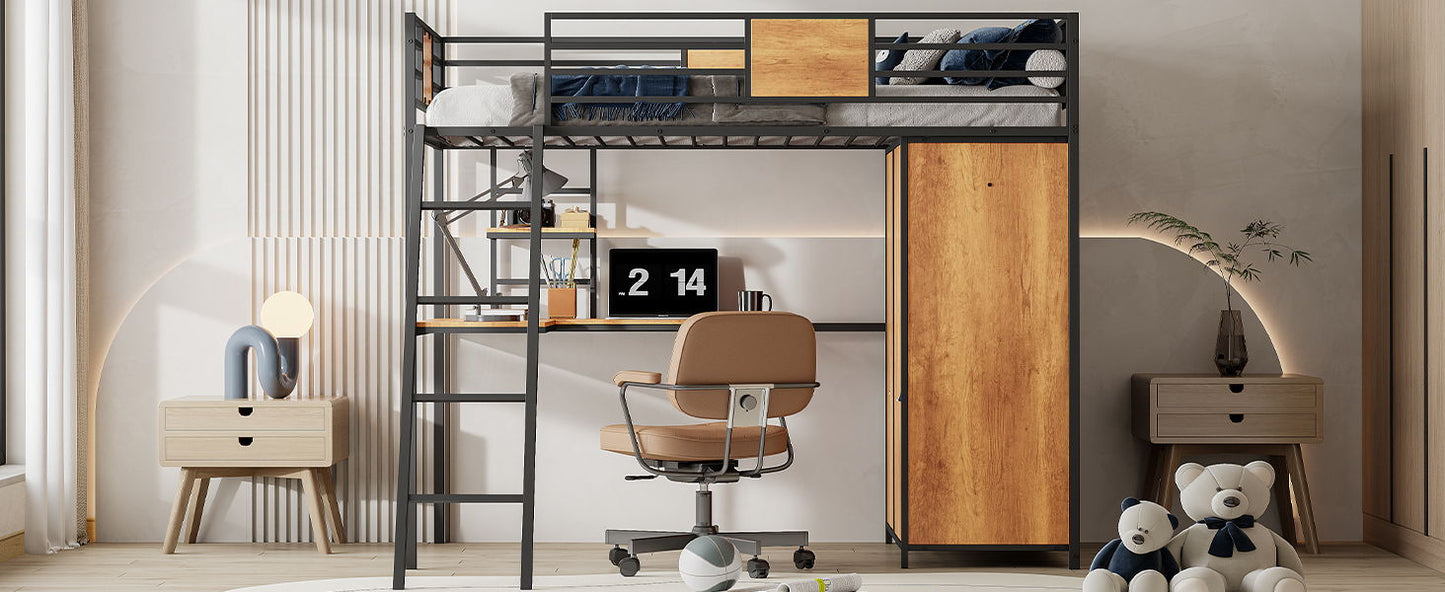 Twin Size Loft Bed With L Shape Desk And Wardrobe - Black
