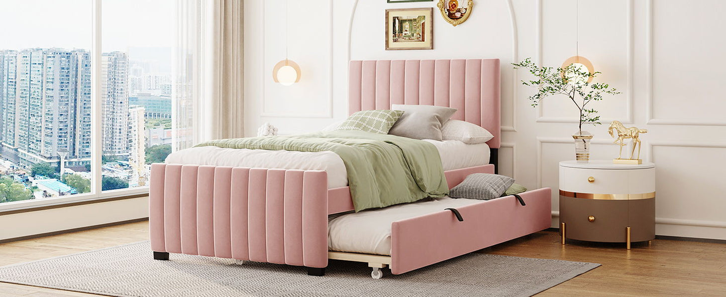 Twin Size Upholstered Platform Bed With Twin Size Trundle - Pink