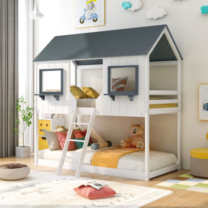 Twin Over Twin Bunk Bed Bed With Roof, Window, Guardrail, Ladder - White