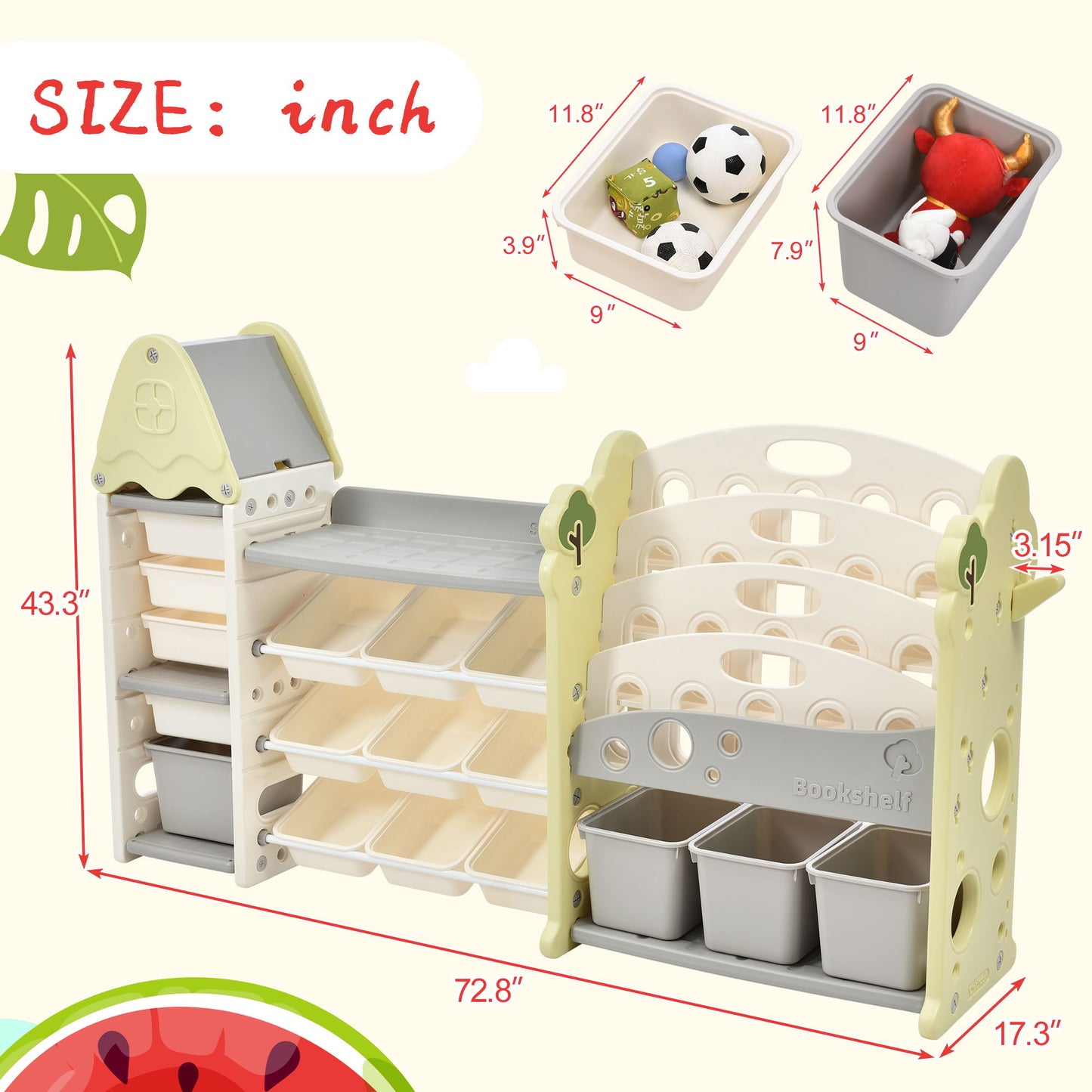 Kids Bookshelf Toy Storage Organizer With 17 Bins And 5 Bookshelves, Multi-Functional Nursery Organizer Kids Furniture Set Toy Storage Cabinet Unit With HDPE SheLF And Bins - Light Green