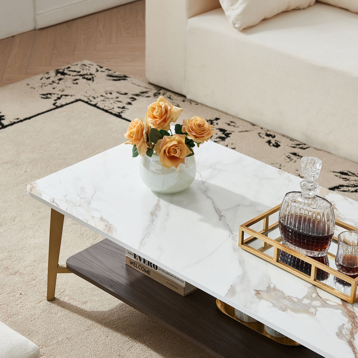 Coffee Table Rectangular Center Table For Living Room Open Space Side Table With Metal Frame - Golden / White