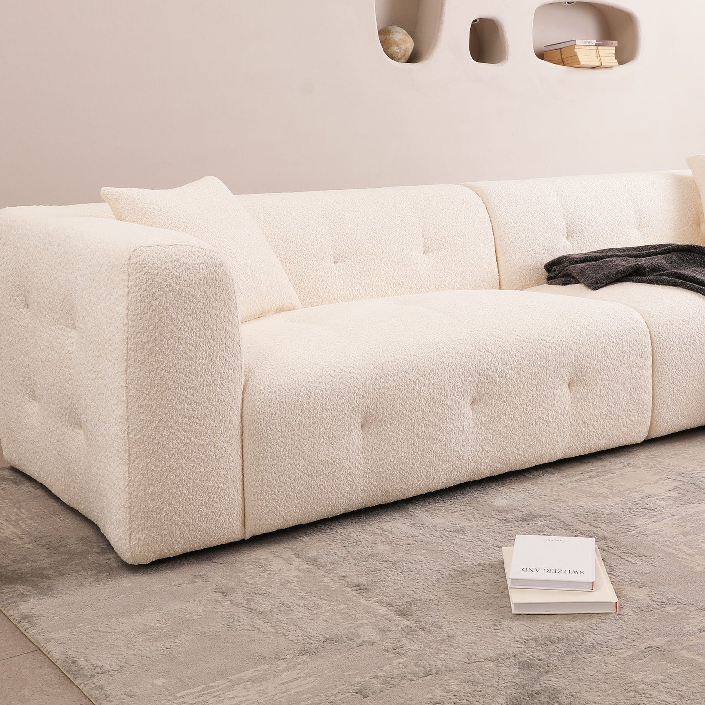 Stylish Sofa With Square Design And Thick Handrailing For Living Room Or Office - Beige