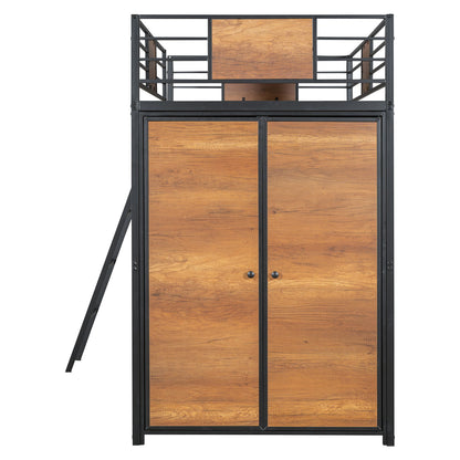 Twin Size Loft Bed With L Shape Desk And Wardrobe - Black