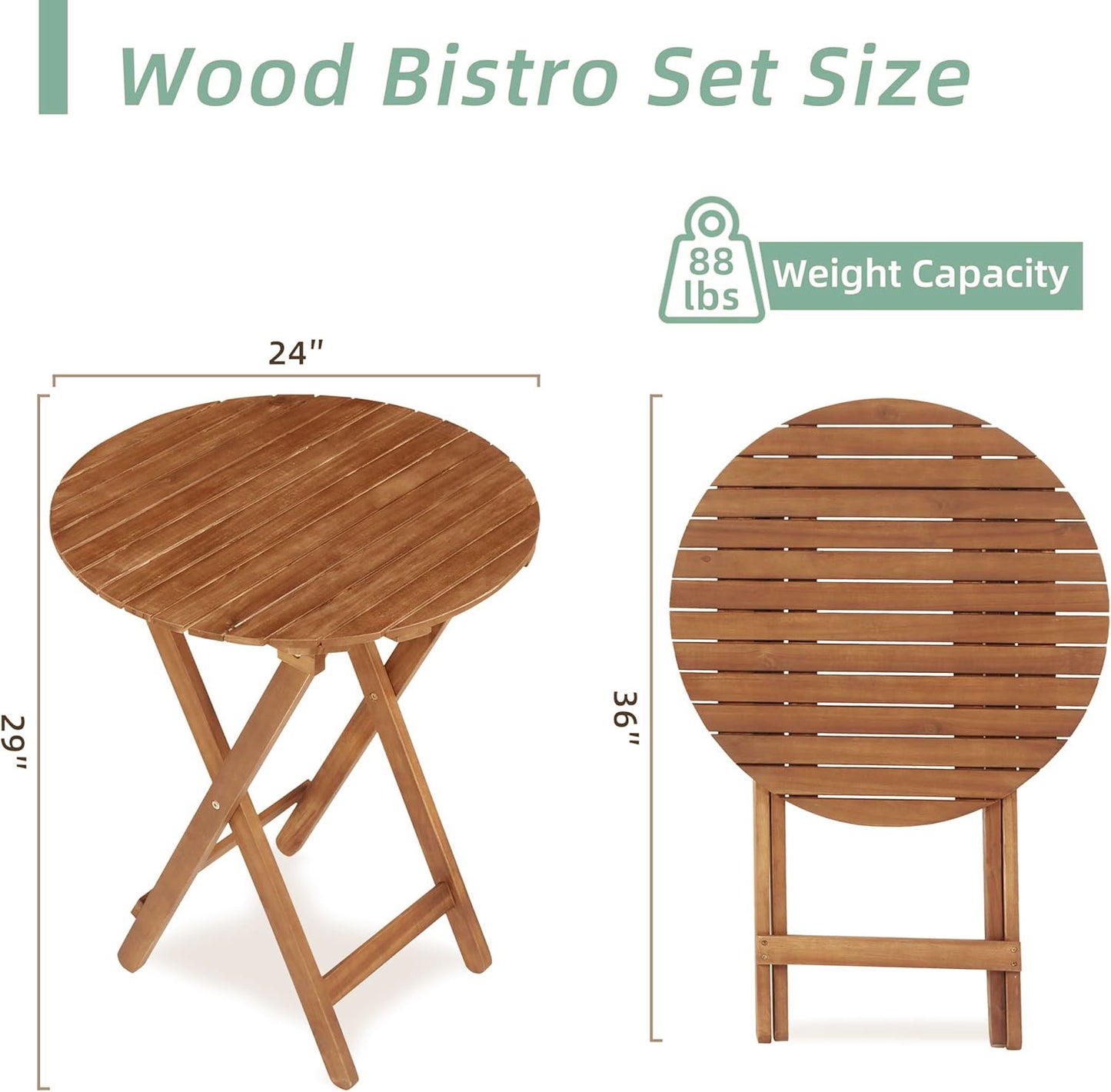3 Piece Acacia Bistro Set, Folding Patio Furniture For Garden Backyard Balcony Porch With 1 Coffee Table And 2 Foldable Chairs - Light Brown