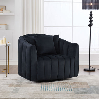 Upholstered Oversized 360 Degree Swivel Accent Barrel Chair And Half Cozy Sofa With 3 Pillows, Channel Tufted Pumpkin Shape Club Armchair For Living Room, Bedroom, Office, Lounge - Black