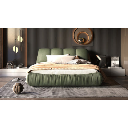 Queen Size Luxury Upholstered Platform Bed With Oversized Padded Backrest And Solid Wood Frame, Suitable For Multiple Heights Of Mattresses - Green