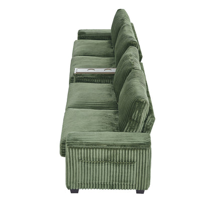 Modern 4 Seater Corduroy Sofa With USB Ports, Hidden Storage Arms, Flip Top Cup Holders - Green