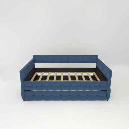 Upholstered Twin Size Daybed With Trundle, Velvet Fabric, No Box Spring Required, Comfortable And Simple Design Models - Blue