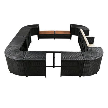 Spa Surround Spa Frame Quadrilateral Outdoor Rattan Sectional Sofa Set With Mini Sofa, Wooden Seats And Storage Spaces - Beige