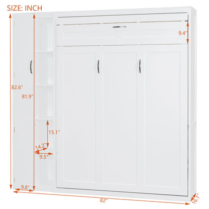 Full Size Murphy Wall Bed With Shelves, Wardrobe And LED Lights - White
