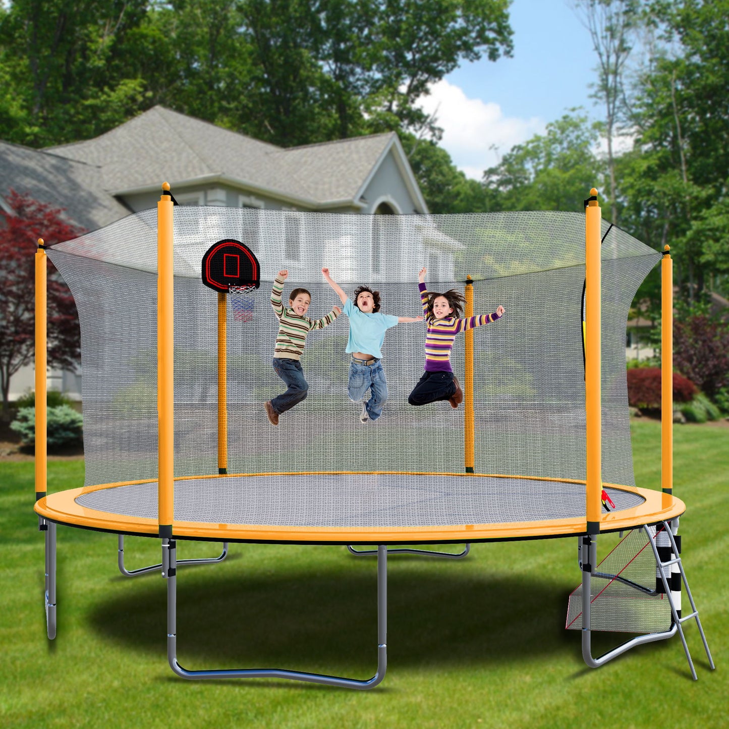 16Ft Trampoline With Basketball Hoop Pump And Ladder (Inner Safety Enclosure) With Soccer Goal - Orange