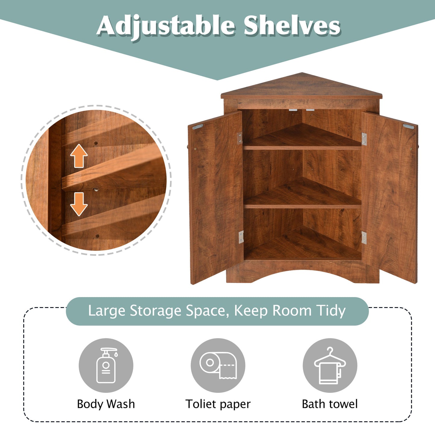 Triangle Bathroom Storage Cabinet With Adjustable Shelves, Freestanding Floor Cabinet For Home Kitchen - Brown
