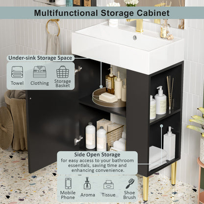 Bathroom Vanity, Combo Cabinet, Bathroom Storage Cabinet, Single Ceramic Sink, Right Side Storage - Black