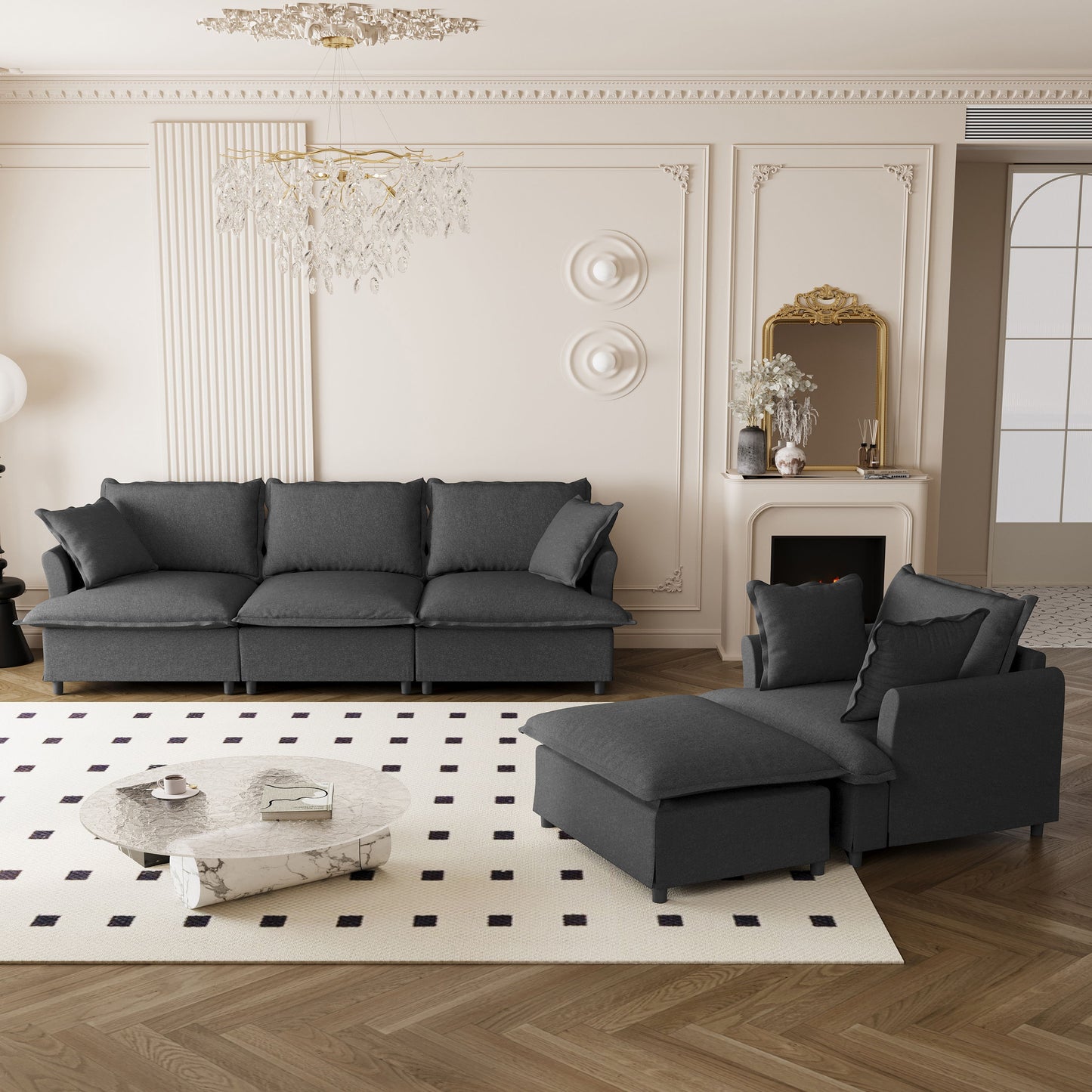 3 Piece Living Room Set Modular L Shaped Sectional Couch Upholstered, 3 Seater Sofa & Armchair & Movable Ottoman 5 Seat - Gray