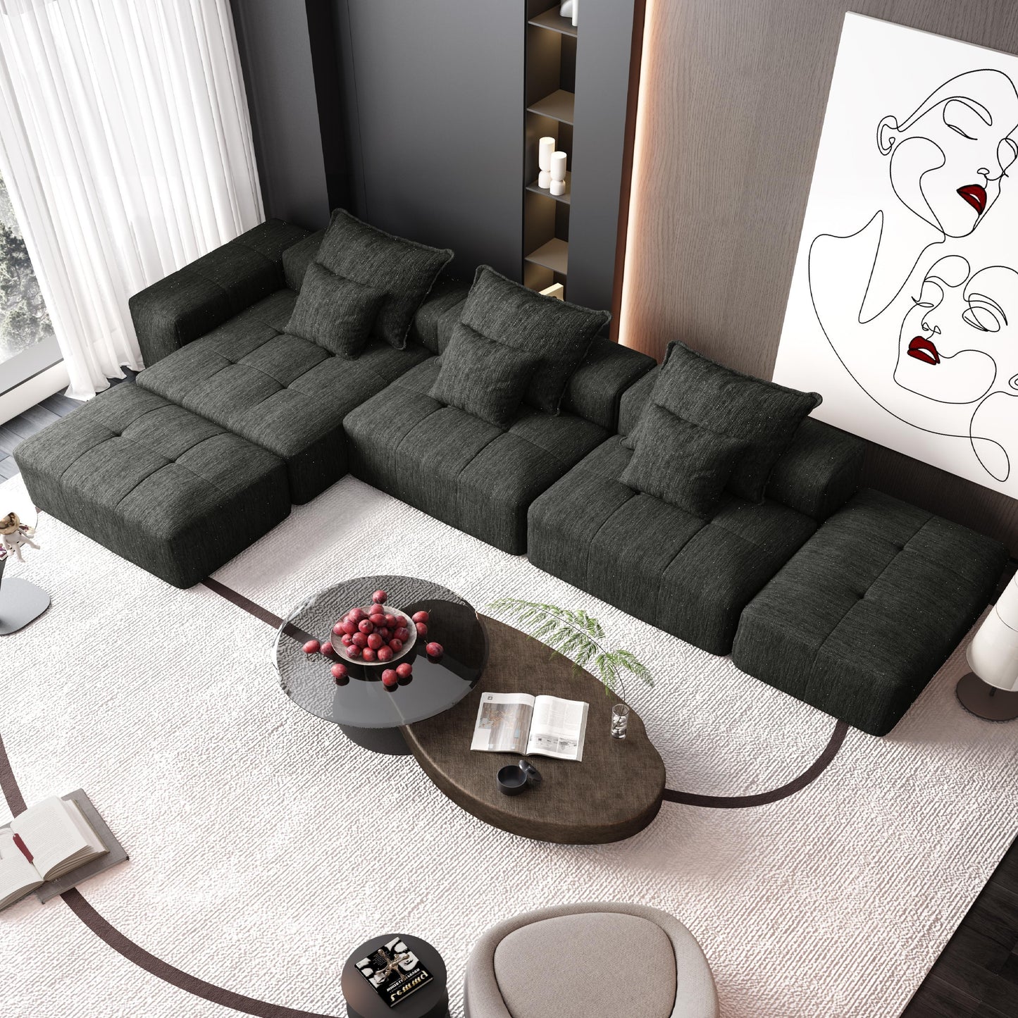 Modern Oversized Modular Sectional Sofa, Sparkling Chenille Fabric Soft Cushion Sofa With 6 Pillows, 6 Pieces Diy Combination Tufted Sofa, No Assembly Required - Black