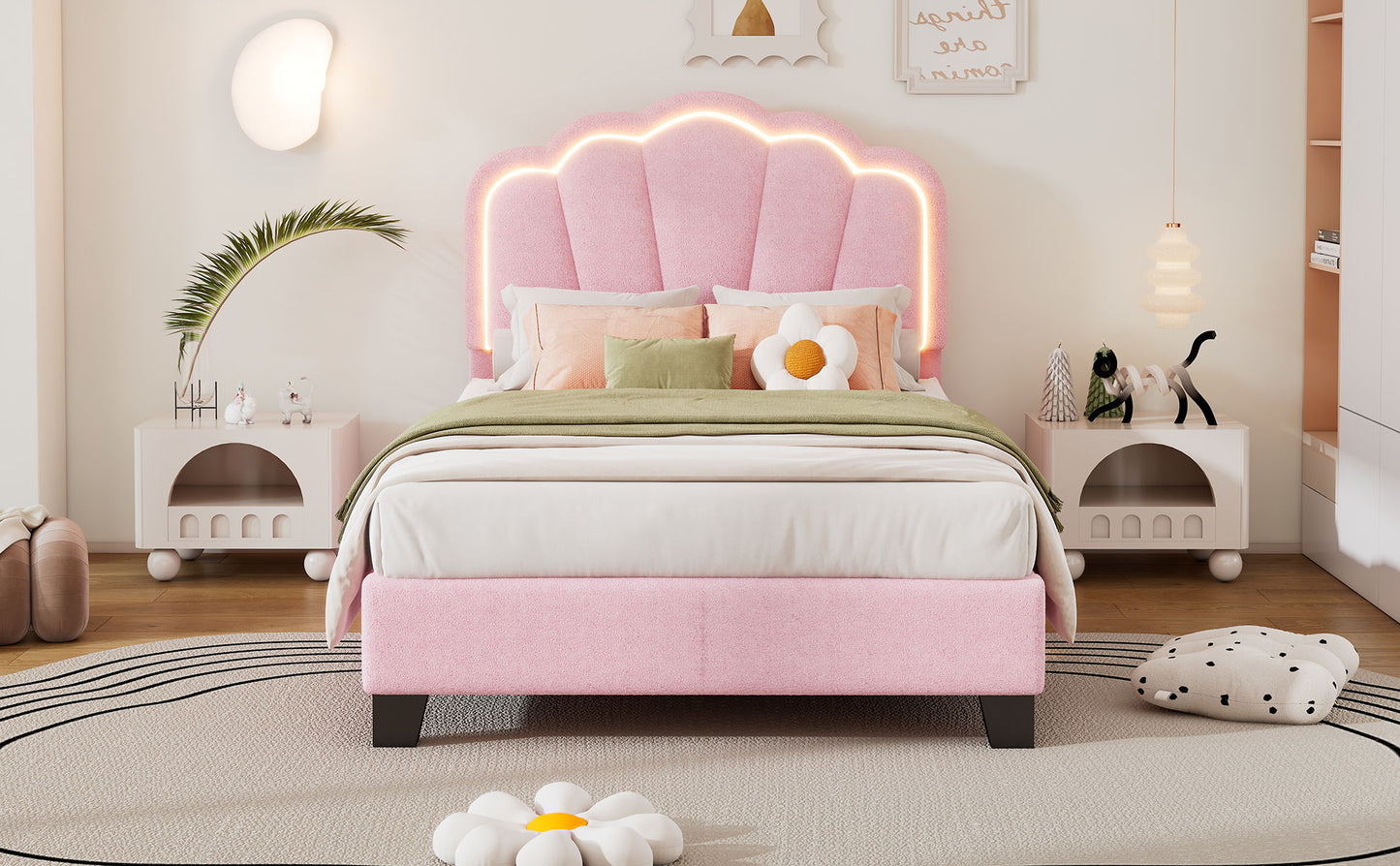 Twin Size Upholstered Flower-Shape Bed, Elegant Flowers Headboard With LED Light Strip, Sherpa Fabric Platform Bed With Slats Support - Pink