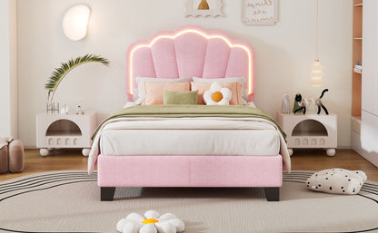 Twin Size Upholstered Flower-Shape Bed, Elegant Flowers Headboard With LED Light Strip, Sherpa Fabric Platform Bed With Slats Support - Pink