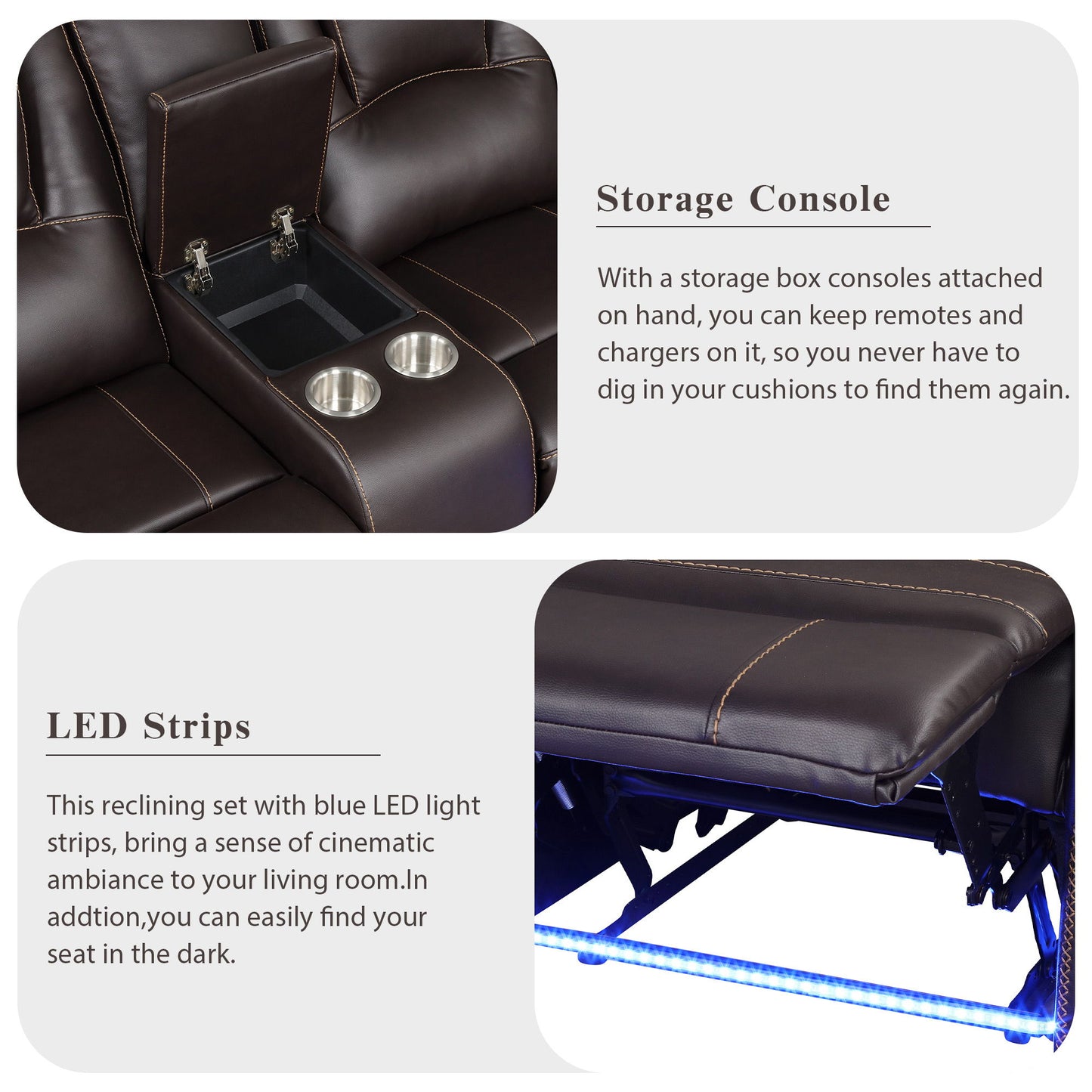Modern Faux Leather Manual Reclining With Center Console And LED Light Strip, Living Room Furniture Set, Symmetrical Couch With 2 Cup Holders And Storage For Living Room - Brown